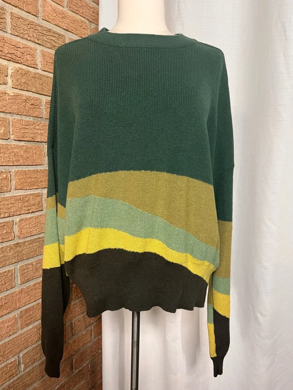 prAna Colorblock Sweater XL Green Yellow Oversized Knit Boho Casual